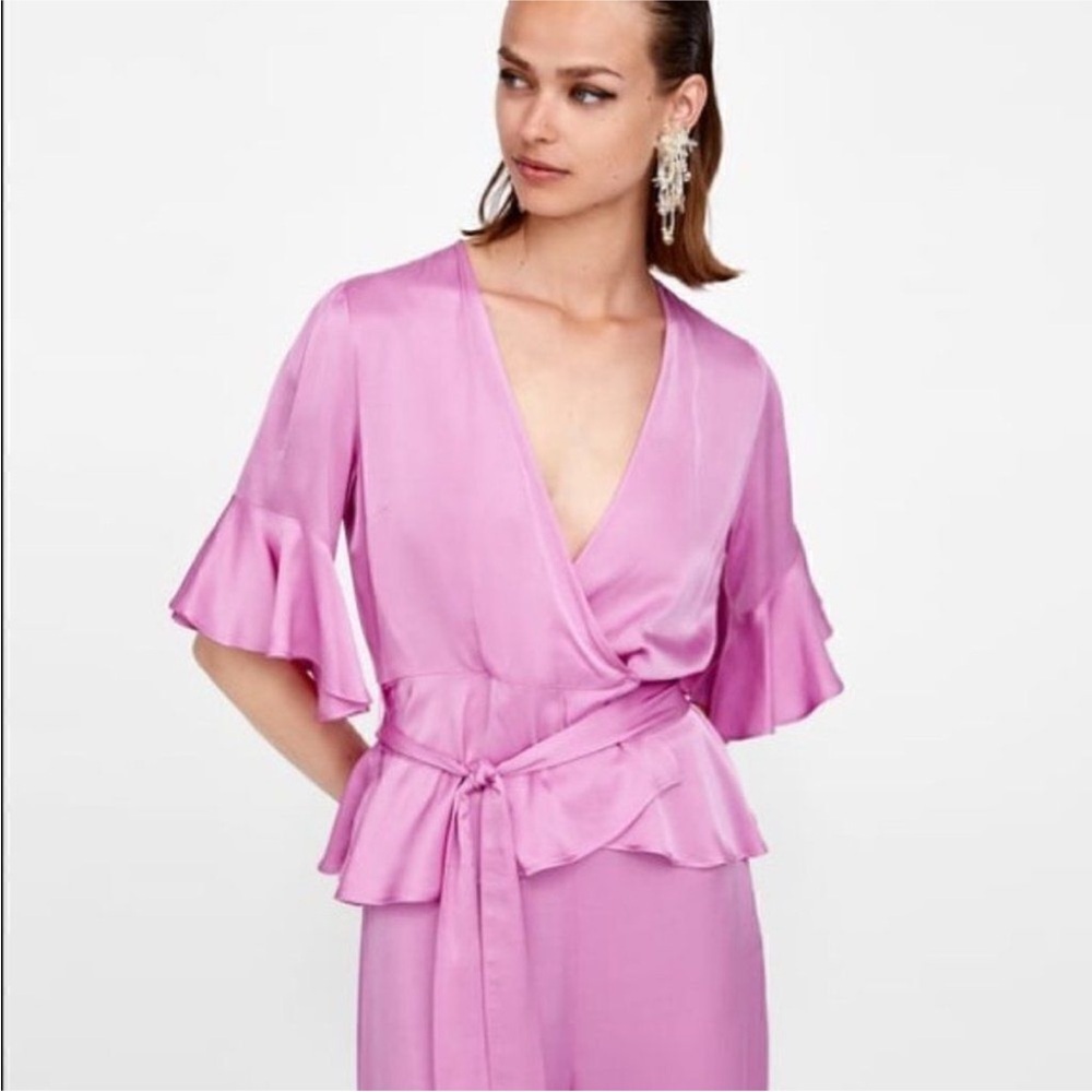 Zara Pink Wrap Ruffle Sleeve Blouse